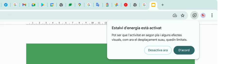 Un cursor ha fet clic a la icona d'Estalvi d'energia, que explica que l'activitat en segon pla i alguns efectes visuals s'han limitat per estalviar memòria.