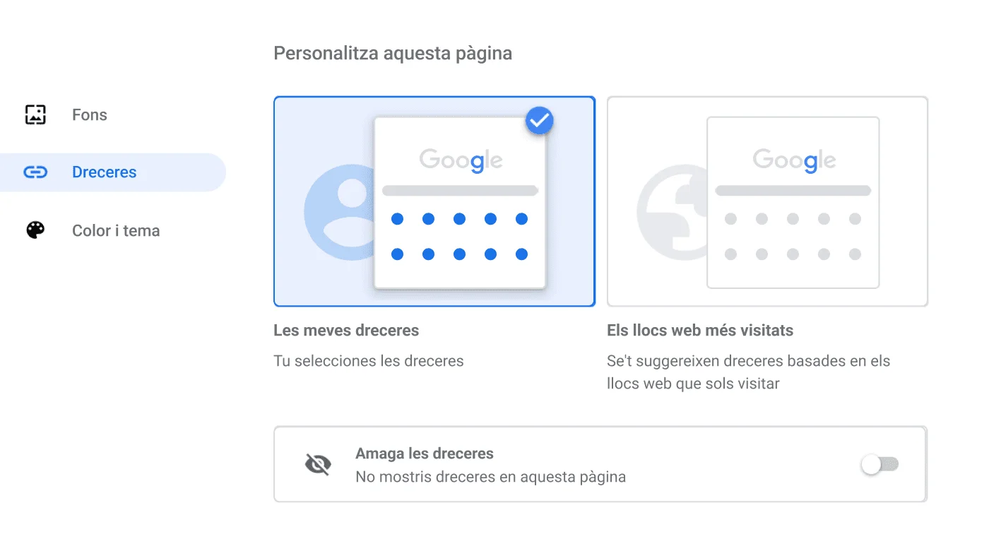 Finestra de la configuració del navegador Chrome que mostra el quadre de diàleg Dreceres.