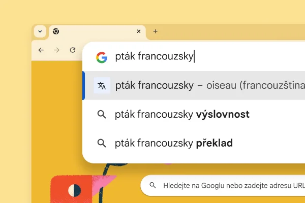 Stránky vyhledávání Google s obrázkem ptáka, vyhledávacím dotazem „pták francouzsky“ a výsledkem „oiseau“