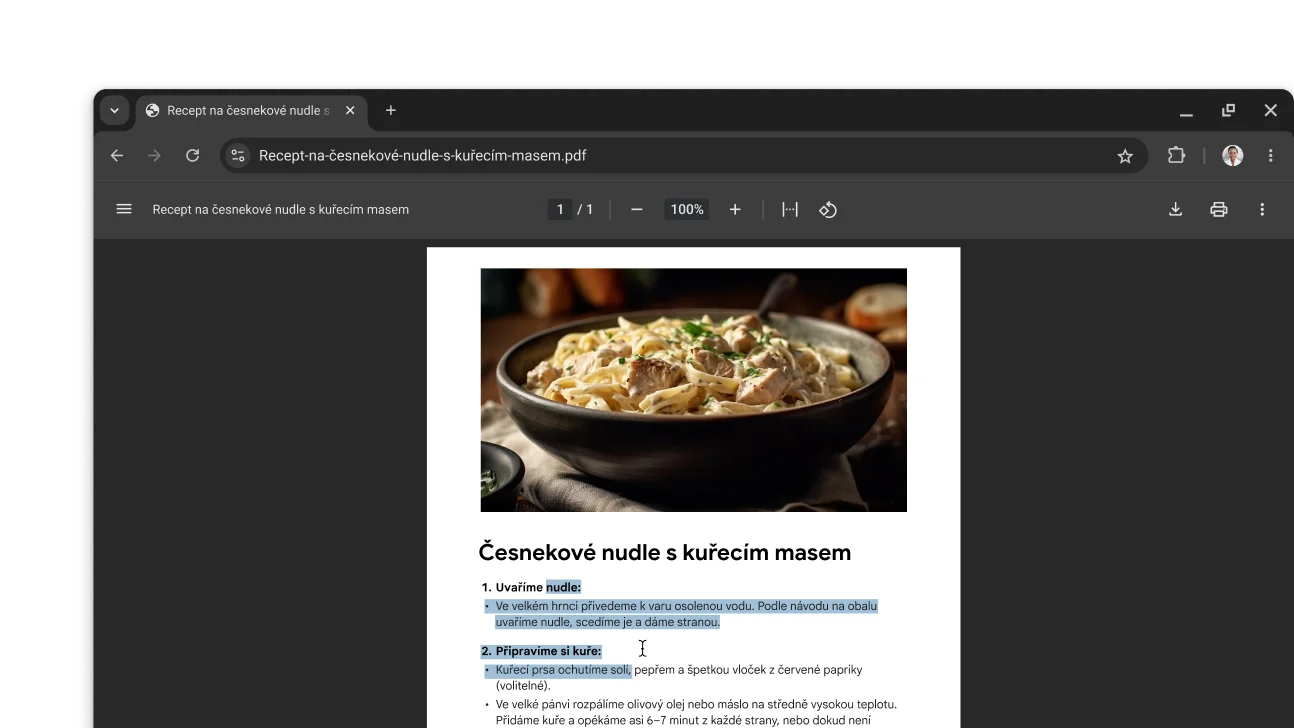 V okně prohlížeče Chrome je otevřený soubor PDF s receptem. Uživatel vybral v souboru PDF text.