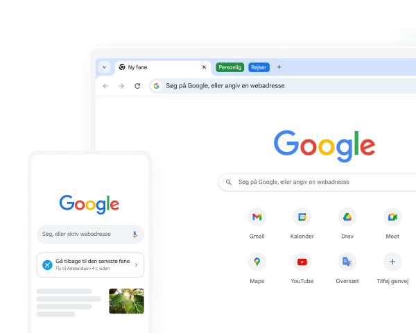 En mobilenhed og en computer viser begge Google-startsiden i Chrome.