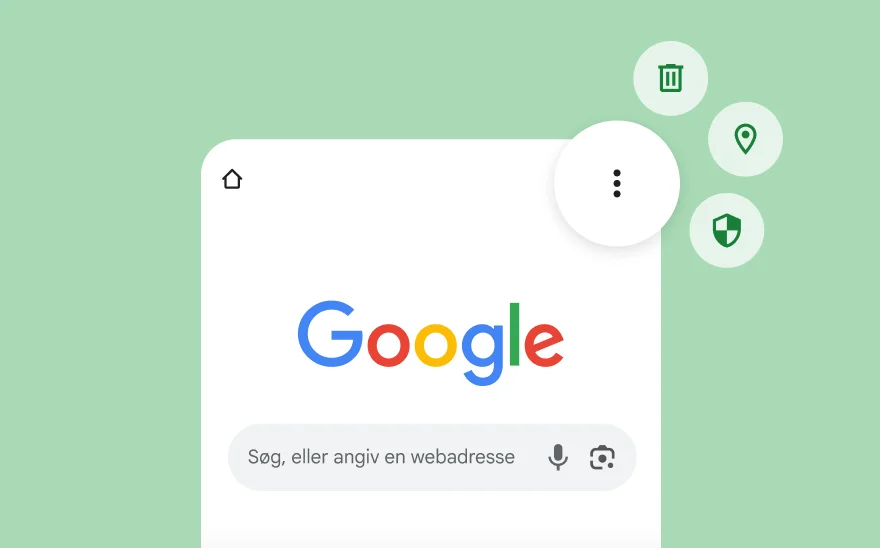 Et screenshot af Google Søgning-siden med bl.a. ikoner for YouTube, Gmail, Google Maps og andre Google-produkter.