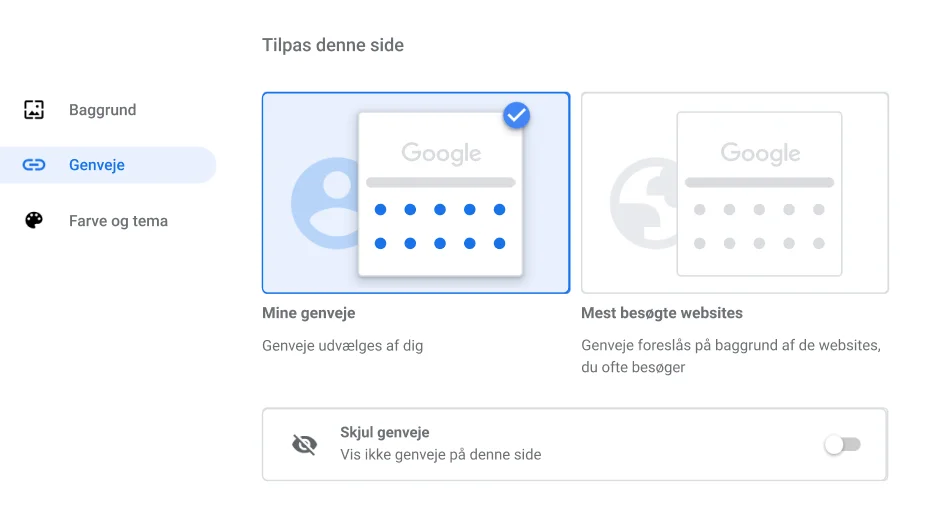 Vindue med Chrome-browserindstillinger, der viser dialogboksen for Genveje.