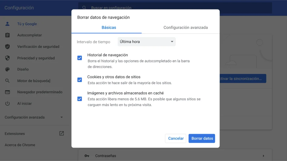 Ventana de configuración del navegador Chrome que muestra el menú de opciones Borrar datos de navegación.