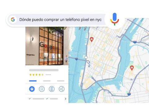 Una búsqueda por voz de '¿Dónde puedo comprar un teléfono Pixel en Nueva York?' muestra el resultado de una tienda de Google en Nueva York.