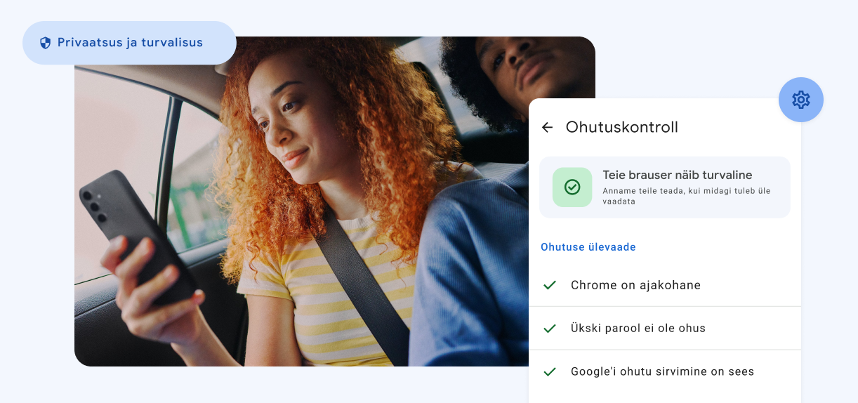 Telefoni vaatav naine. Elementidel on tekst „Privaatsus ja turvalisus“ koos hoiatusega ohustatud paroolide kohta.