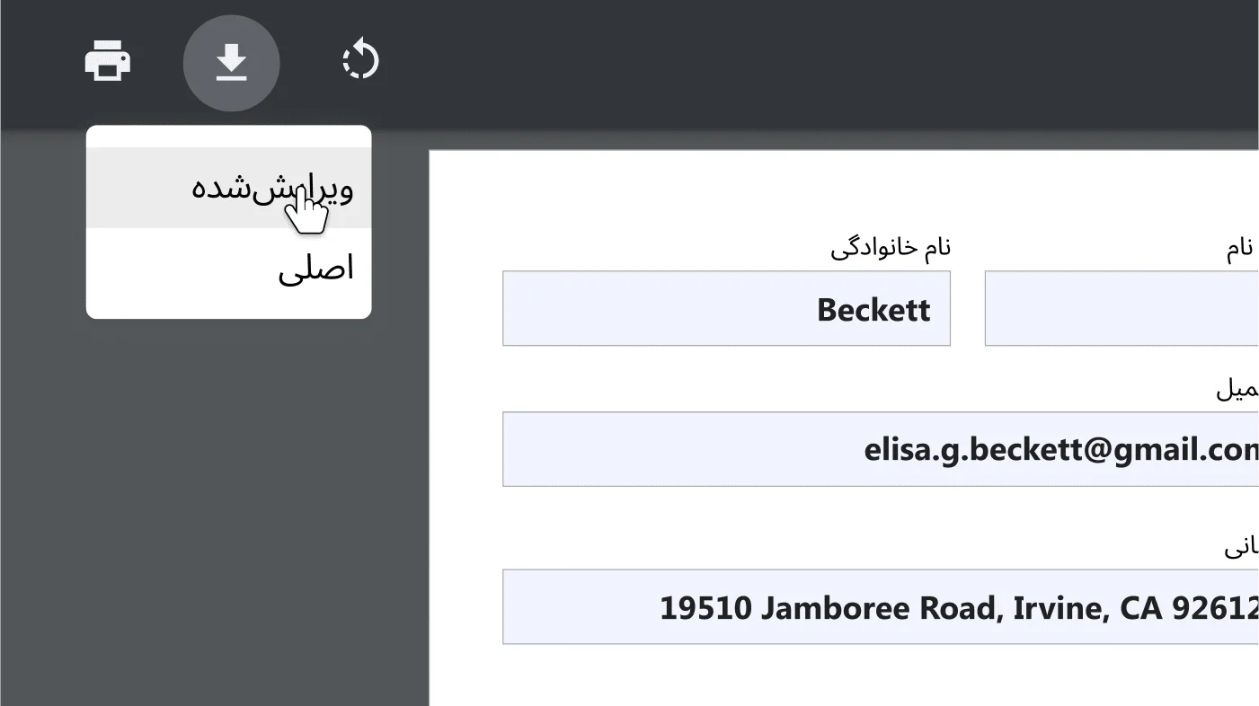 پنجره مرورگر Chrome با سند PDF باز که روی منوی گزینه‌های دانلود و چاپ بزرگ‌نمایی شده است.