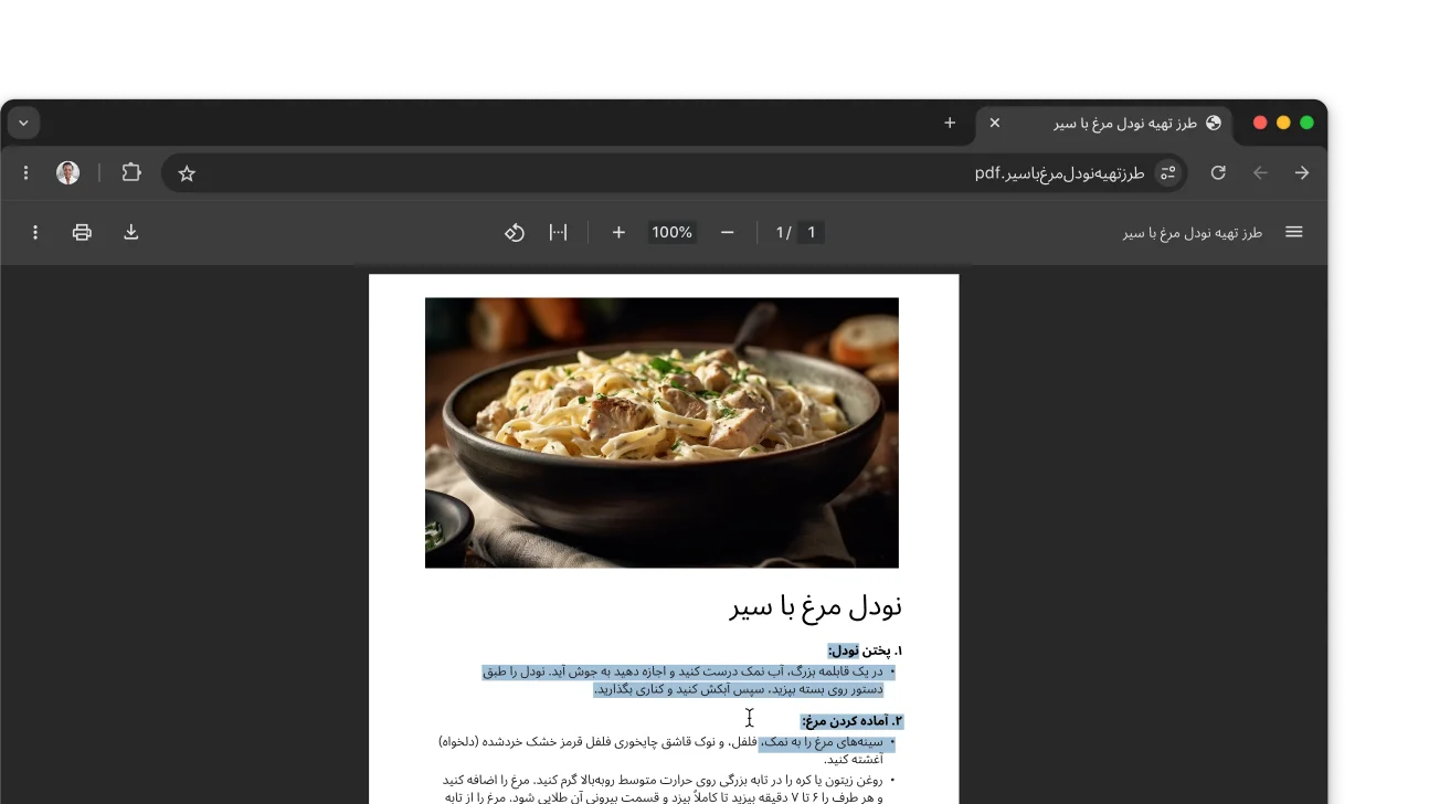 فایل PDF حاوی دستور پختی در پنجره مرورگر Chrome باز است. کاربر در فایل PDF نوشتار انتخاب کرده است.