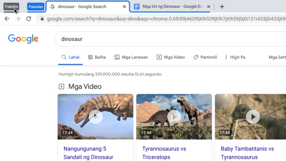 Window ng Chrome browser na nagpapakita ng pag-collapse ng grupo ng tab.