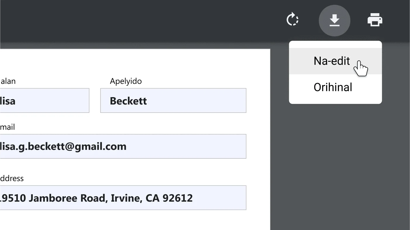 Window ng Chrome browser na may nakabukas na PDF na dokumento, na naka-zoom in sa menu ng mga opsyon ng pag-download at pag-print.