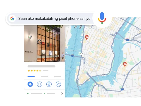 Paghahanap gamit ang boses para sa “Saan ako makakabili ng Pixel phone sa NYC” na nagpapakita ng resultang Google store sa NYC.