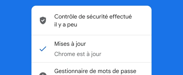 Alerte indiquant que le contrôle de sécurité de Chrome est terminé et que le navigateur est à jour.