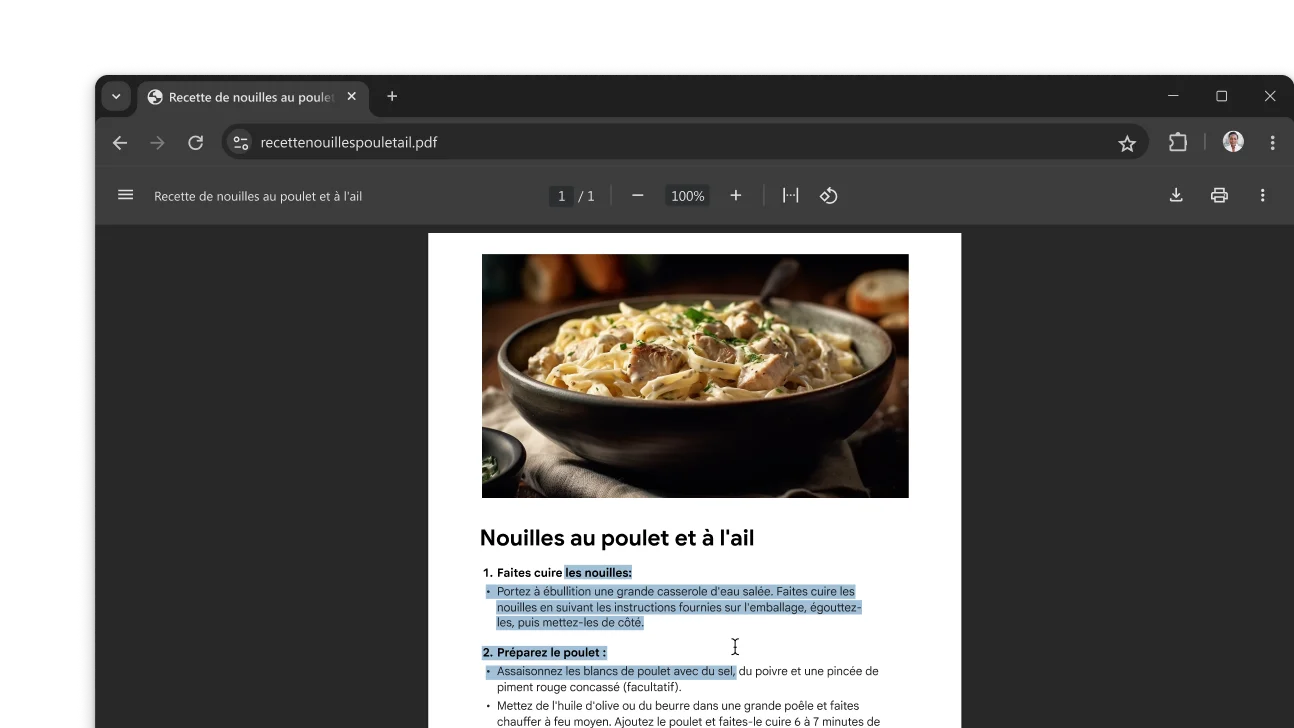 Un fichier PDF contenant une recette est ouvert dans une fenêtre du navigateur Chrome. L'utilisateur a sélectionné du texte dans le fichier PDF.