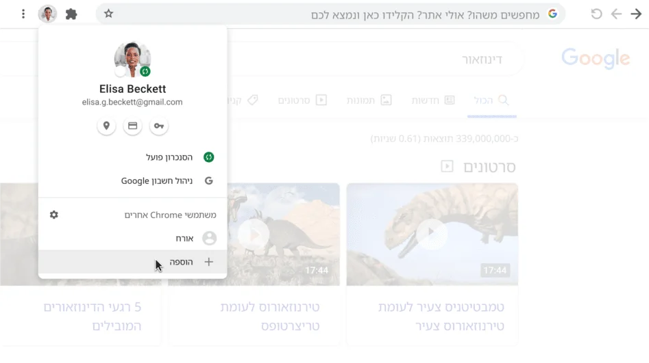 חלון של דפדפן Chrome עם תיבת הדו-שיח 'פרופיל'.