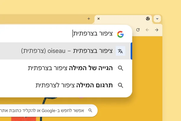 דף החיפוש של Google עם תמונה של ציפור וחיפוש של 'ציפור בצרפתית' שמציג את התוצאה 'oiseau'