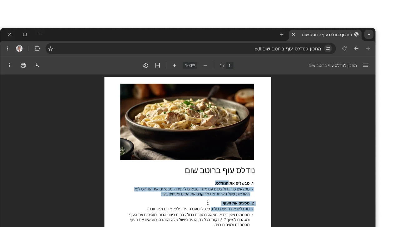 קובץ PDF עם מתכון פתוח בחלון של דפדפן Chrome. המשתמש בחר טקסט בתוך קובץ ה-PDF.