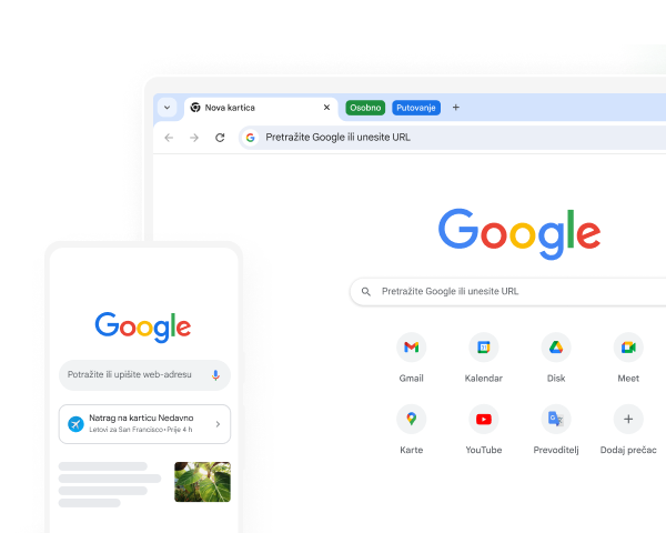 Mobilni uređaj i računalo prikazuju Googleovu početnu stranicu na Chromeu.