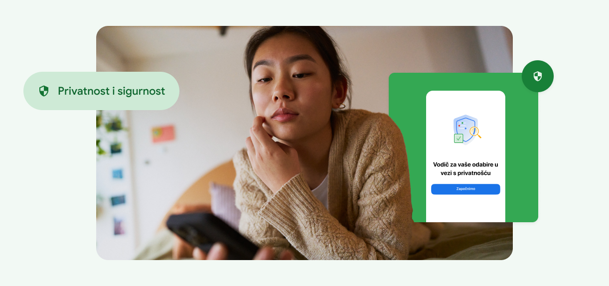 Žena dodiruje svoje lice i gleda u telefon.