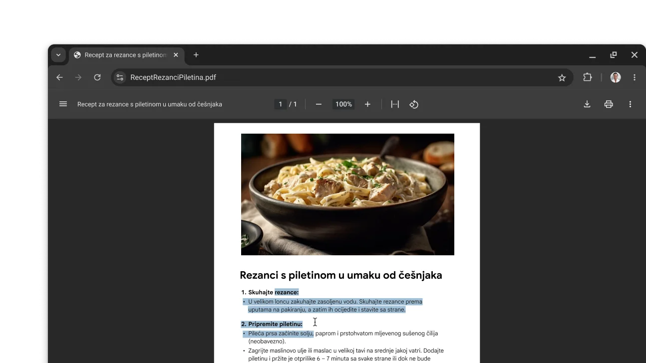 PDF s receptom otvoren je u prozoru preglednika Chrome. Korisnik je odabrao tekst u PDF-u.