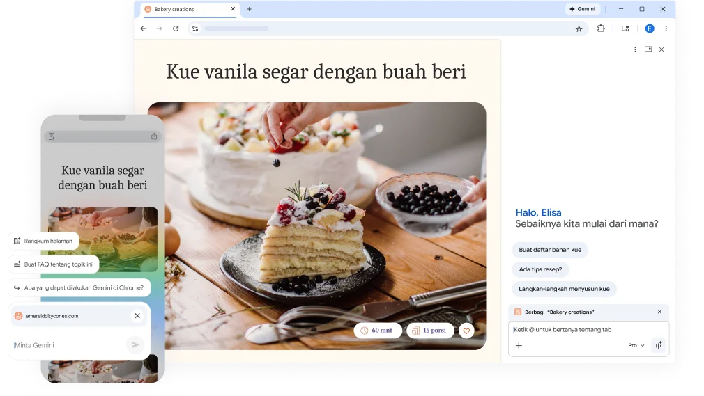Jendela pop-up muncul di halaman resep kue, menawarkan bantuan melalui Gemini di Chrome. Fitur ini tersedia di desktop dan perangkat seluler.