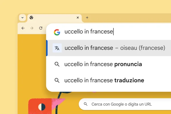 La pagina di ricerca di Google con un'immagine di un uccello e la ricerca: 'uccello in francese' con risultato 'oiseau'.