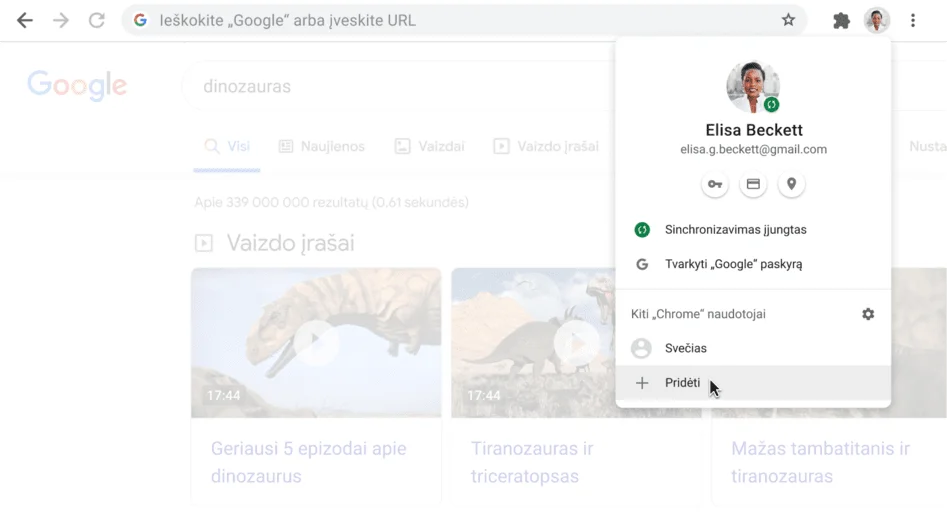 „Chrome“ naršyklės langas, kuriame atidarytas profilio dialogo langas.