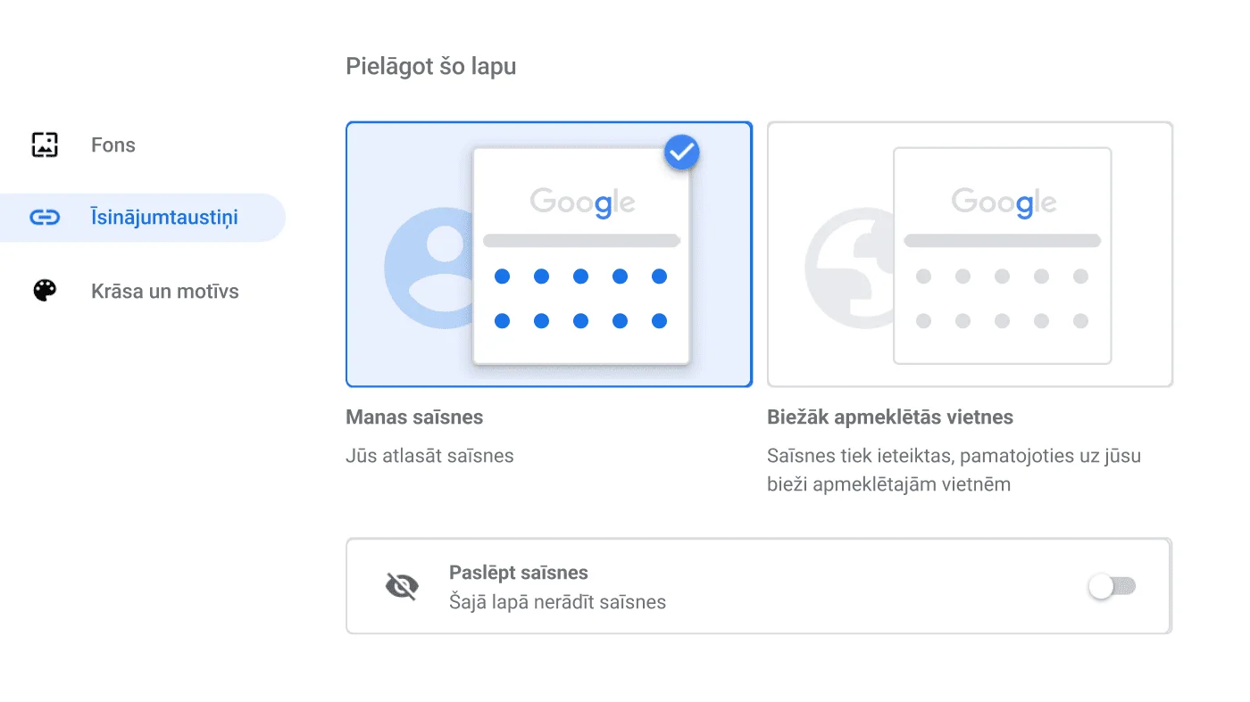 Pārlūka Chrome iestatījumu logs, kurā tiek rādīts dialoglodziņš “Īsinājumtaustiņi”.