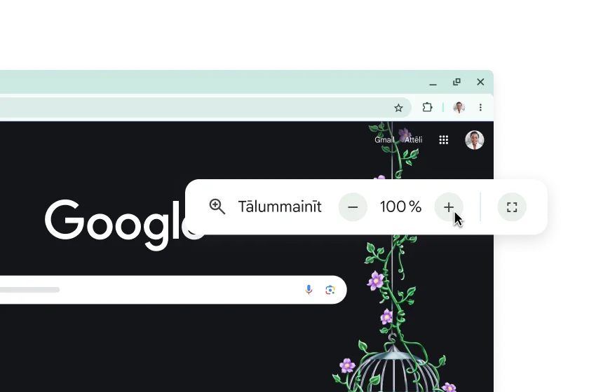 Google sākumlapa un uznirstošais elements, kurā tālummaiņai ir iestatīta vērtība 100%.
