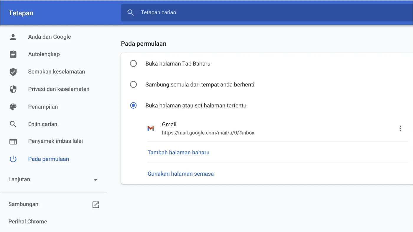 Tetingkap tetapan penyemak imbas Chrome memaparkan menu pilihan Pada permulaan.