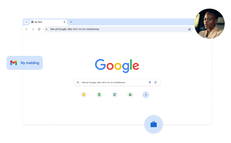 Bakgrunnen for Google Søk-siden er hvit. I et hjørne er det et bilde av en kvinne.