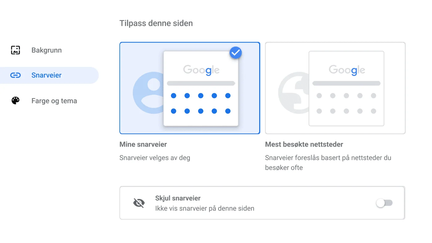Innstillingsvindu i Chrome-nettleseren som viser Snarveier-dialogboksen.