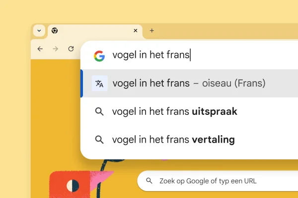 De Google-zoekpagina met een foto van een vogel en een zoekopdracht voor 'Bird in French' met het resultaat 'oiseau'