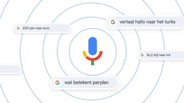 Een microfoon is omringd door verschillende gesproken zoekopdrachten.