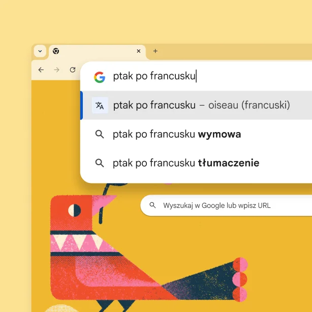 Strona wyszukiwania Google ze zdjęciem ptaka i hasłem „Ptak po francusku” z wynikiem „oiseau”.