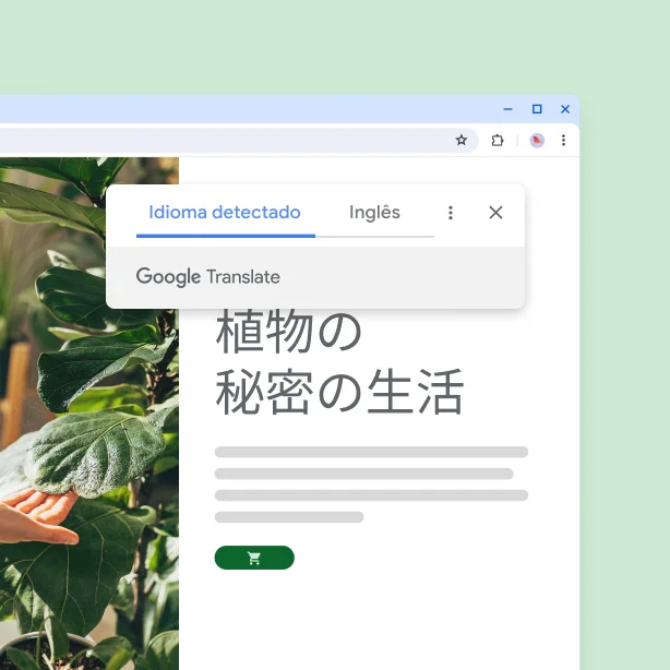 Um site com plantas e o texto traduzido 'A vida secreta das plantas'