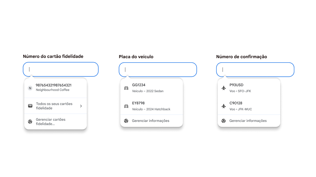 Experiência do usuário com o preenchimento automático de cartões fidelidade, informações do veículo e detalhes de voos.