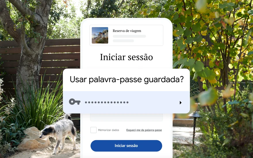 Uma página de início de sessão para uma reserva de viagem pede para usar uma palavra-passe guardada. No fundo, está uma paisagem de natureza.