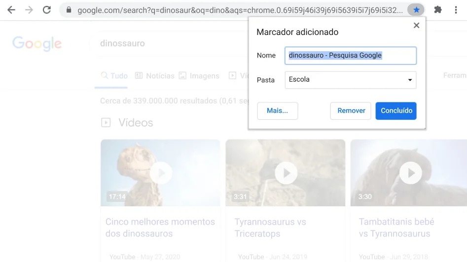 Janela do navegador Chrome com a caixa de diálogo Marcadores aberta visível.