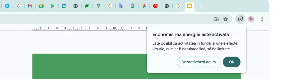 Un cursor a dat clic pe pictograma Economisirea energiei, care explică faptul că activitatea în fundal și unele efecte vizuale au fost limitate pentru a economisi memorie.