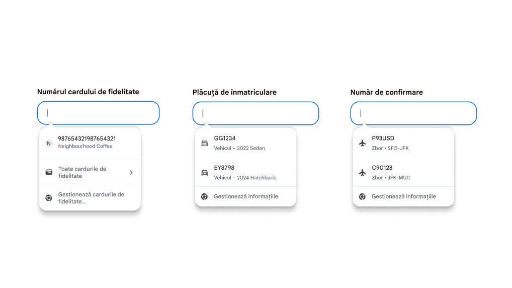 Experiența utilizatorului pentru completarea automată a cardurilor de fidelitate, a informațiilor despre vehicul și a informațiilor despre zbor.