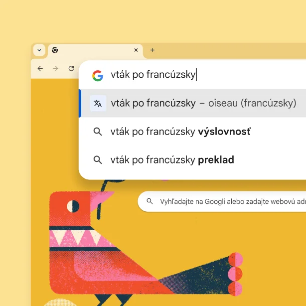 Stránka Vyhľadávania Google s obrázkom vtáka, vyhľadávaním „Bird in French“ (Vták po francúzsky) a výsledkom „oiseau“