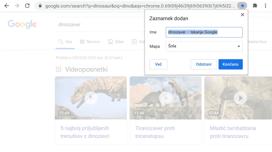 Okno v brskalniku Chrome z odprtim in vidnim pogovornim oknom za zaznamke.