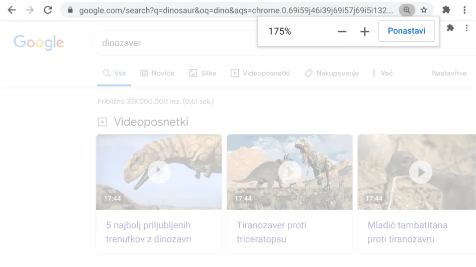 Okno v brskalniku Chrome, v katerem je odprta spletna stran z aktivno funkcijo za povečavo/pomanjšavo.