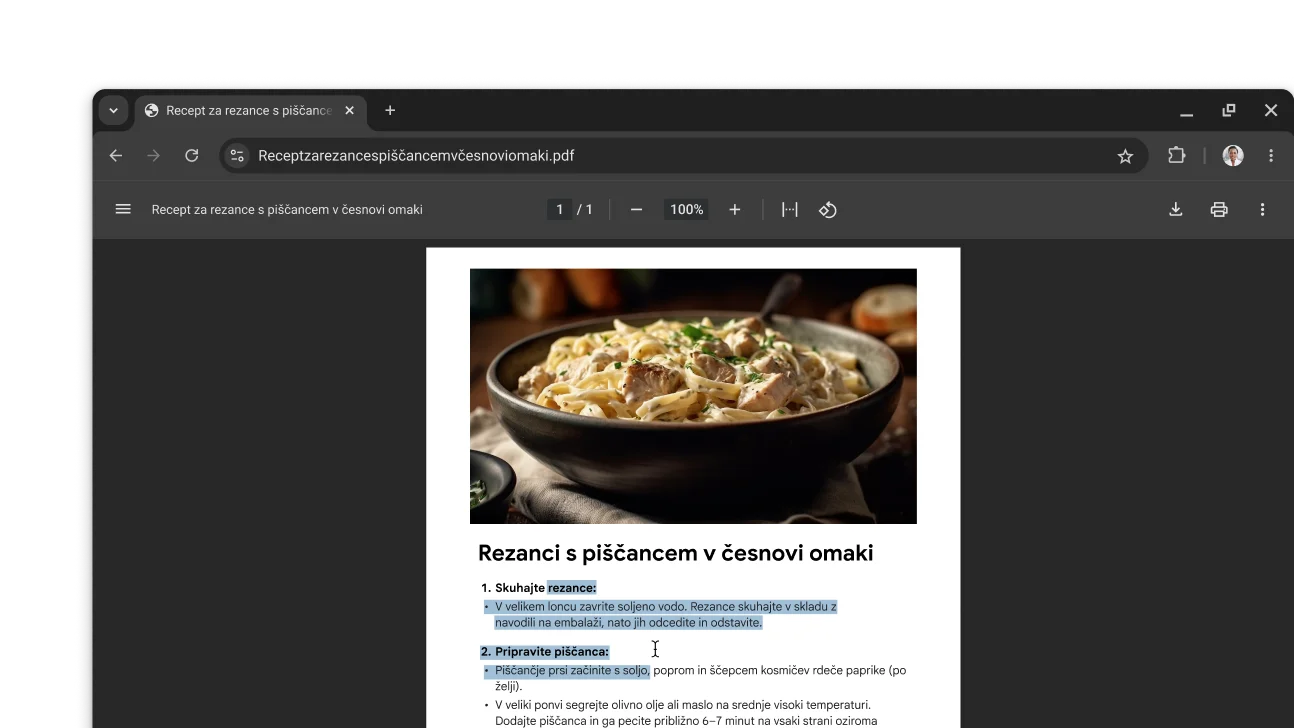 V oknu brskalnika Chrome je odprt PDF z receptom. Uporabnik je izbral besedilo v datoteki PDF.