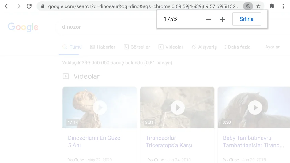 Yakınlaştır işlevi etkin olan web sayfasının açık olduğu Chrome tarayıcı penceresi.