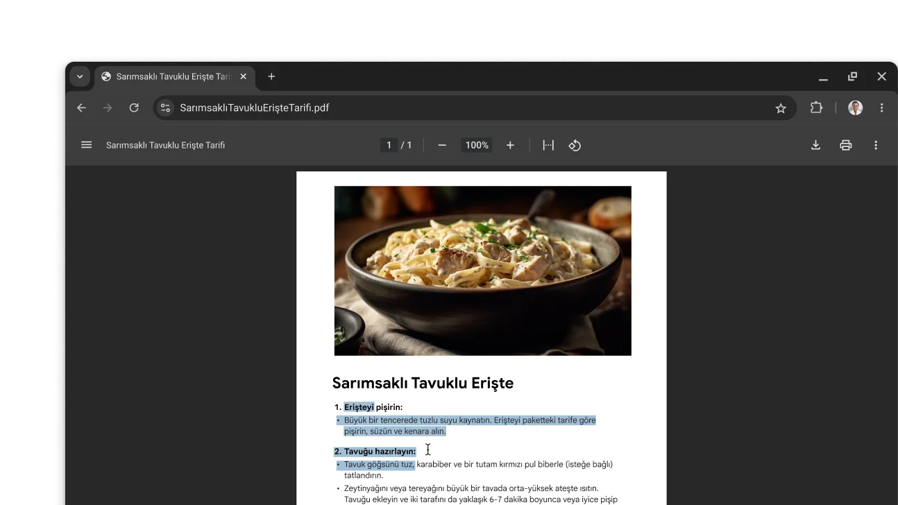 Chrome tarayıcı penceresinde yemek tarifi içeren bir PDF açık. Kullanıcı, PDF'de metin seçmiş.