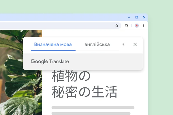 На вебсайті розміщено зображення рослини й перекладений текст 'Таємне життя рослин'