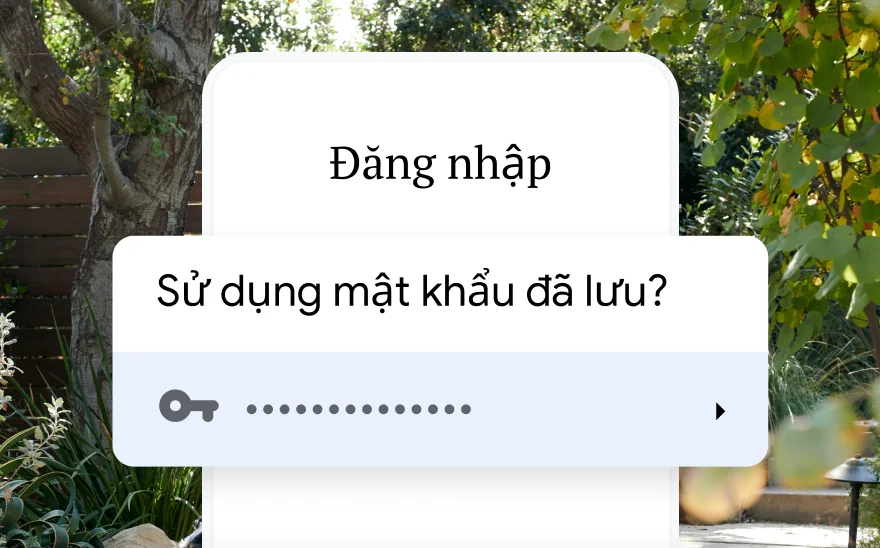 Trang đăng nhập để đặt chỗ cho một chuyến đi yêu cầu sử dụng một mật khẩu đã lưu. Phía sau là khung cảnh thiên nhiên.