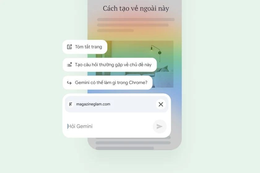 Trên một trang web trên điện thoại di động, các nút điều khiển cho phép người dùng tóm tắt trang, tìm các trang web có liên quan hoặc đặt câu hỏi cho Gemini.