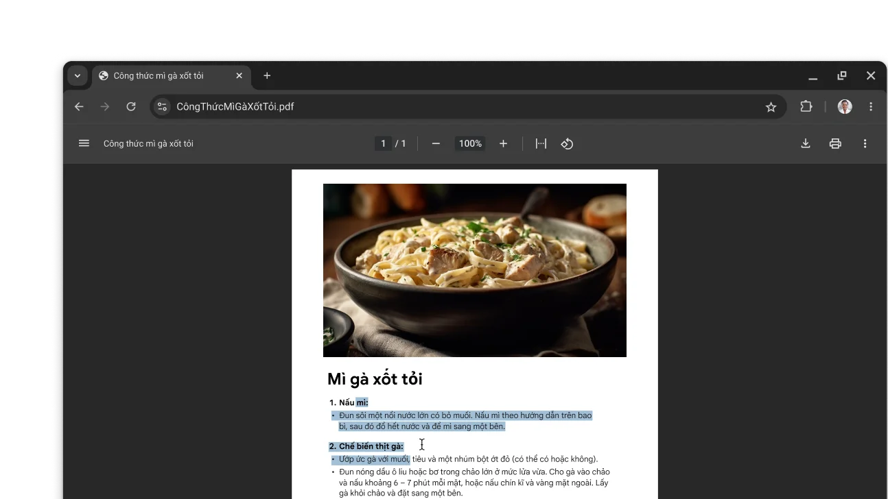 Một tệp PDF có công thức nấu ăn đang mở trong cửa sổ trình duyệt Chrome. Người dùng đã chọn văn bản trong tệp PDF.